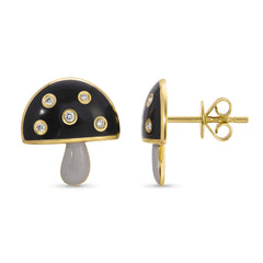 Black Enamel and Diamond Mushroom Stud Earrings