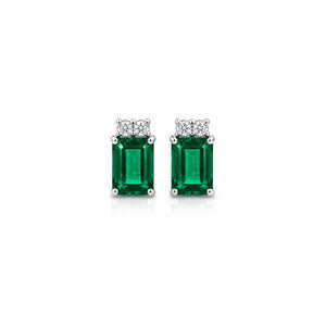 Emerald Cut Emerald Stud with 2 Mini Diamonds