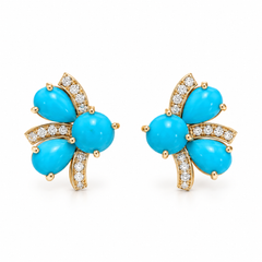 Three Turquoise Cabochon and Diamond Earring