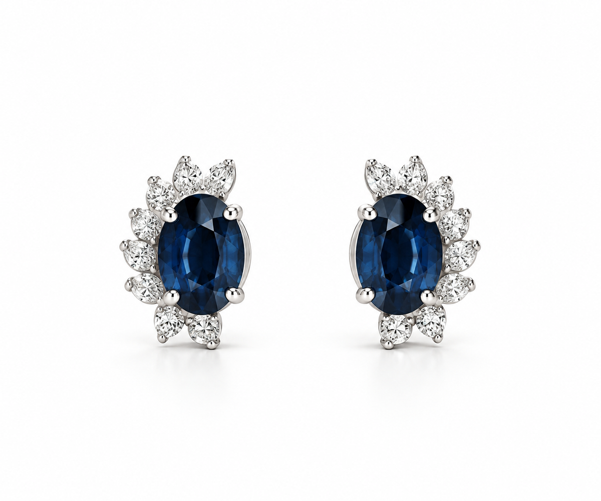 Blue Sapphire Earring with Half Halo Diamond