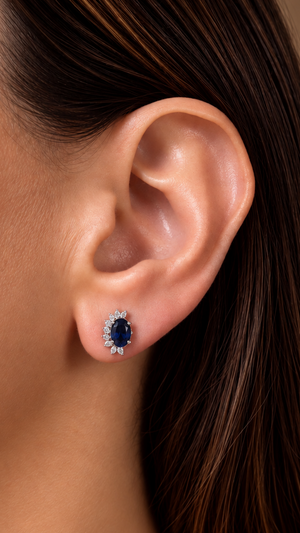 Blue Sapphire Earring with Half Halo Diamond