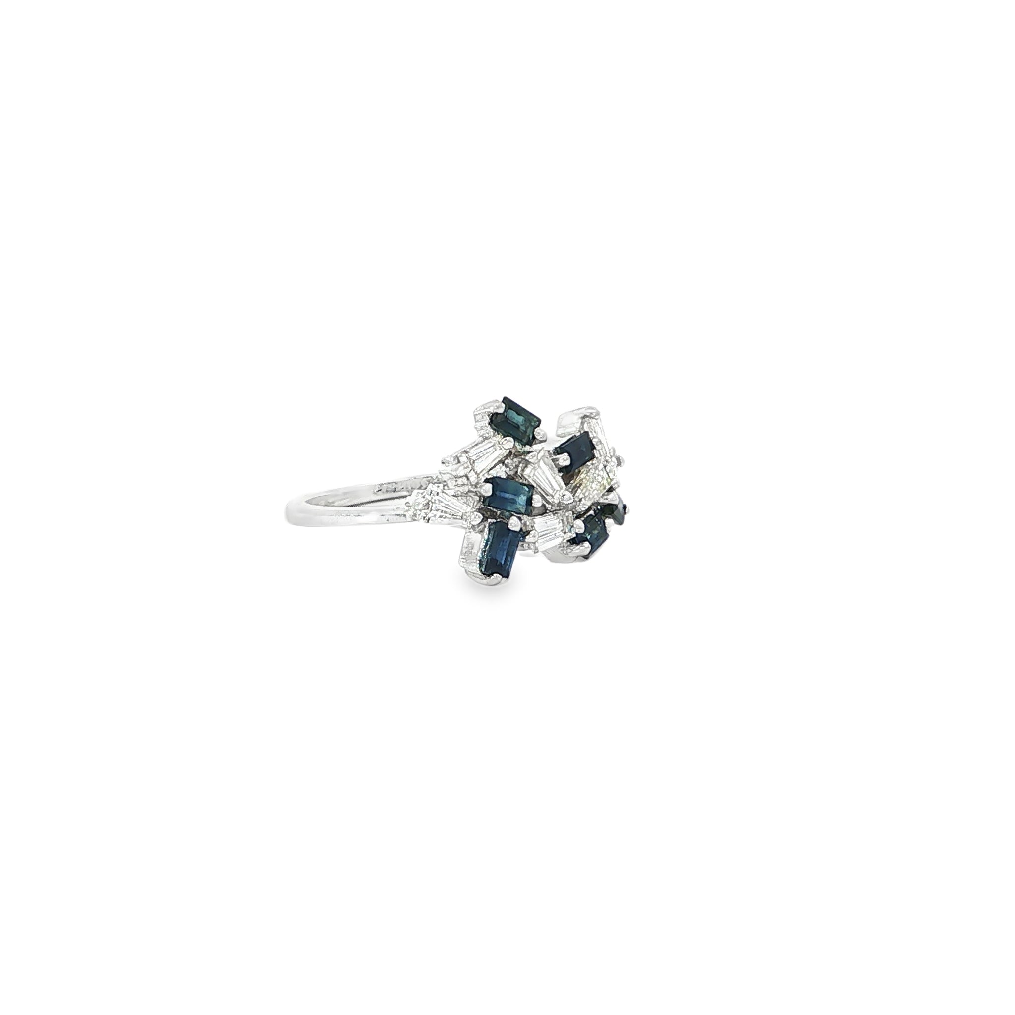 Baguette Diamond and Blue Sapphire Cluster Cocktail Ring