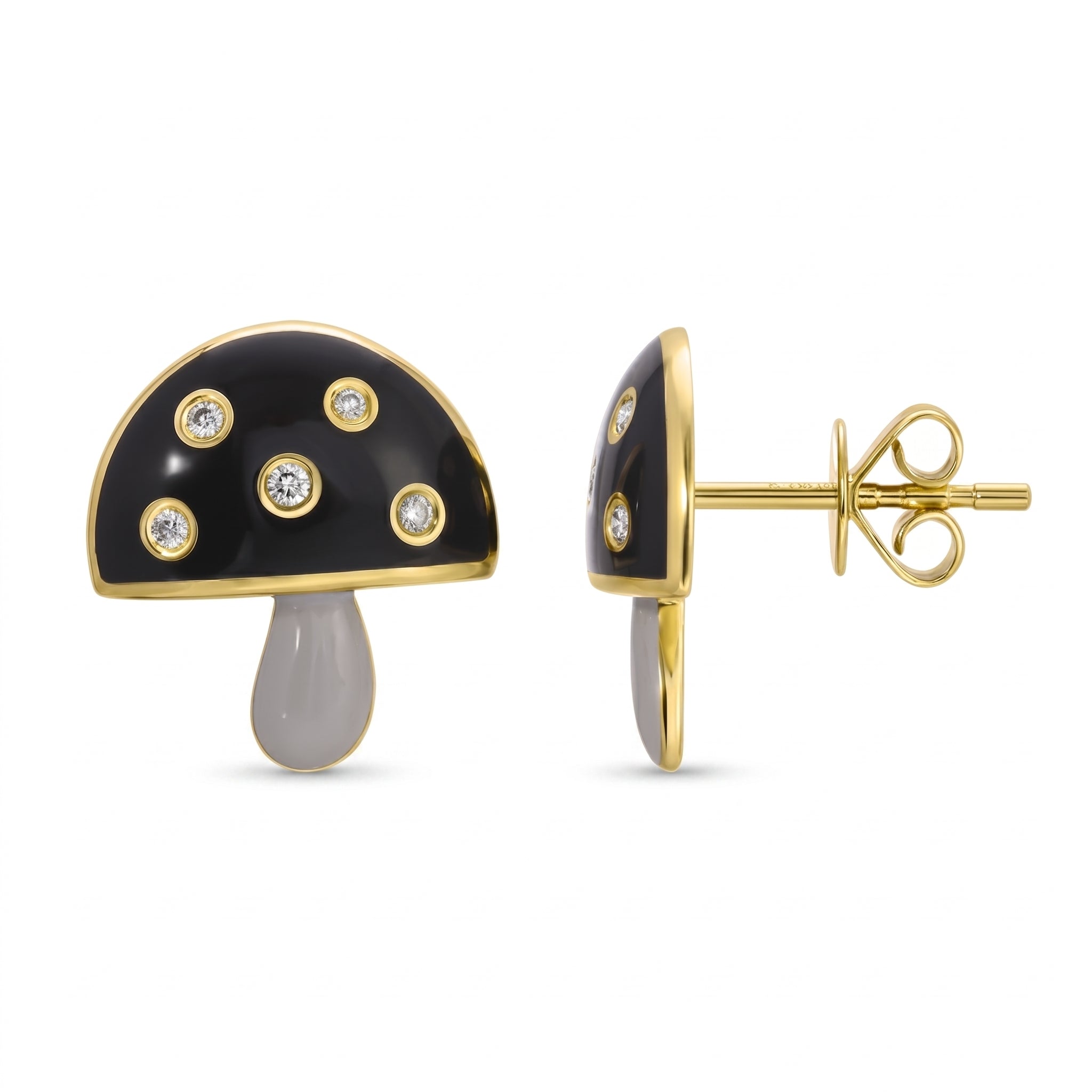 Black Enamel and Diamond Mushroom Stud Earrings