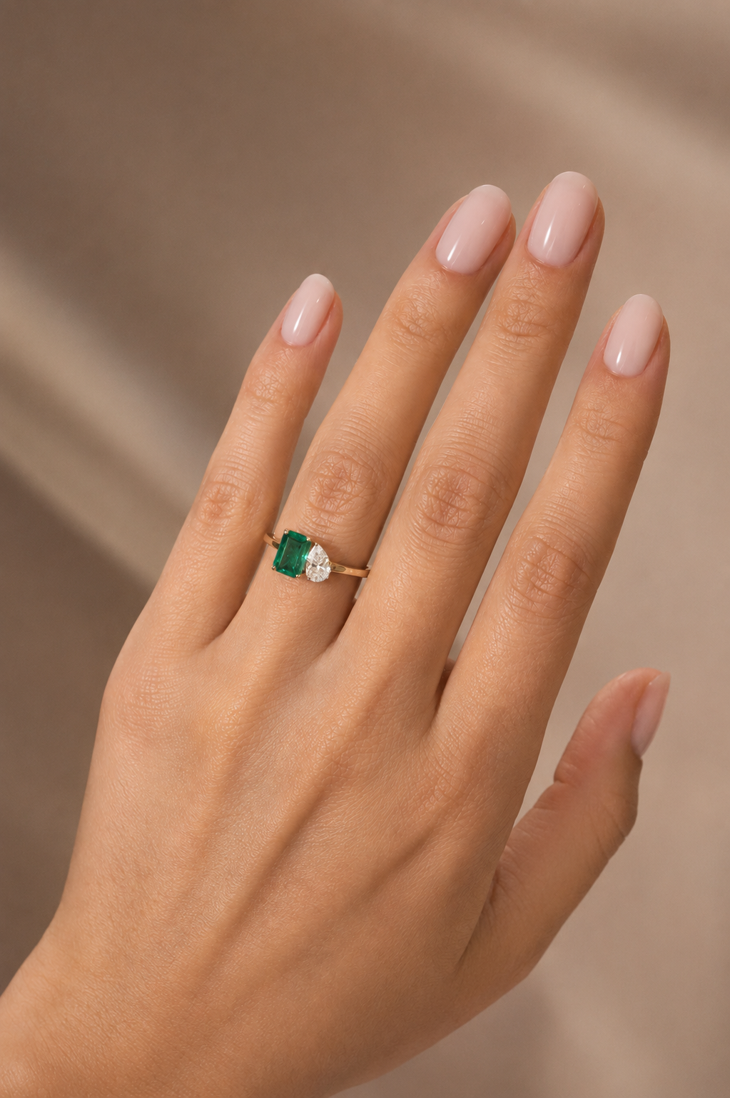 Emerald and Pear Diamond Asymmetric Ring