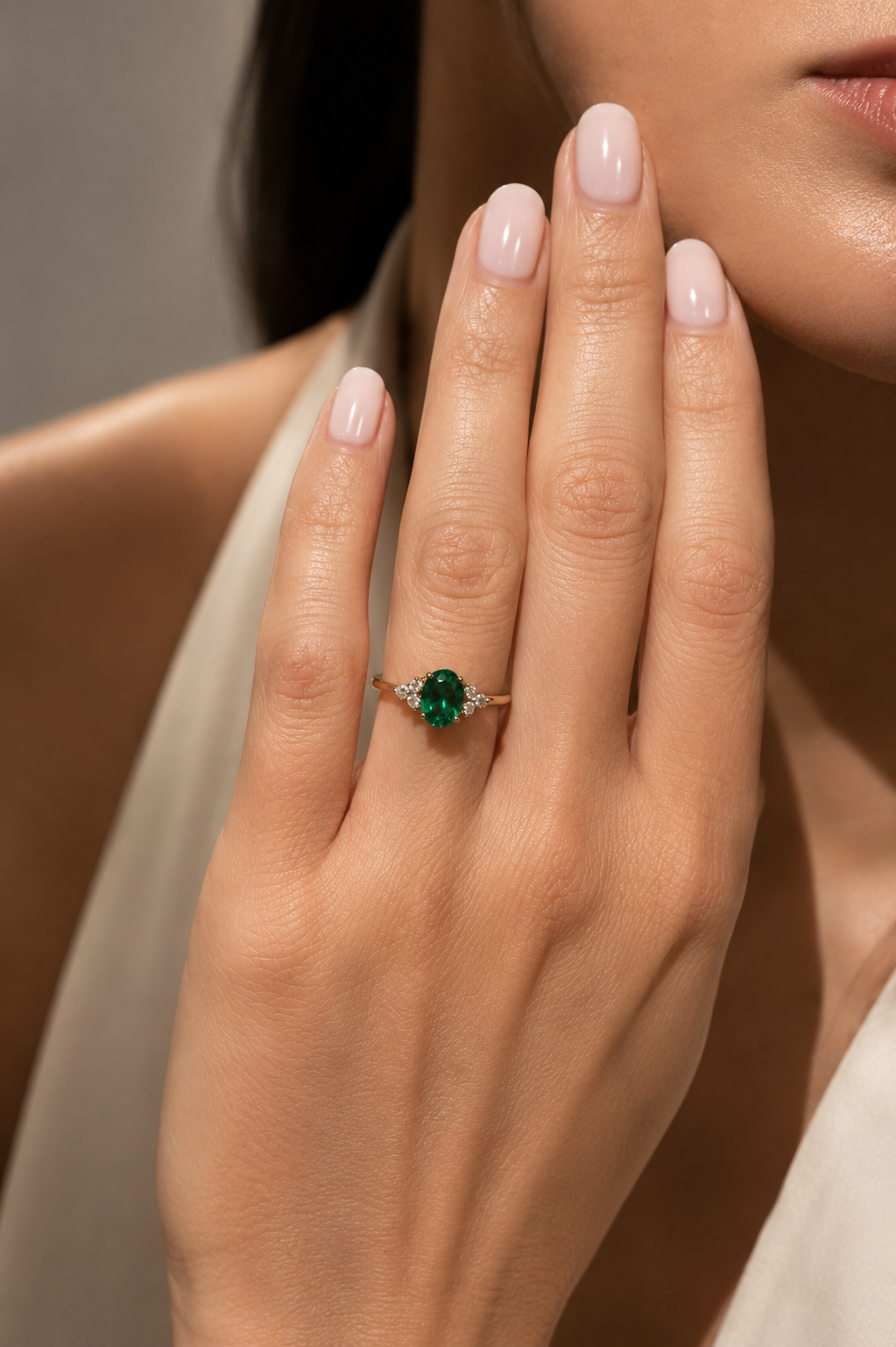 Oval-Cut Emerald and Diamond Cocktail Ring