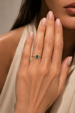 Mini Oval Emerald Ring with Halo Diamonds