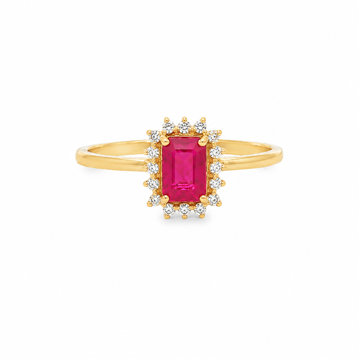 Ruby Coctail Ring, Emerald cut with Halo