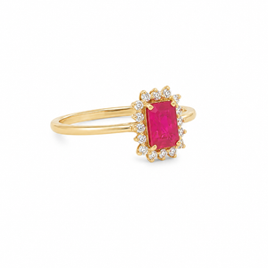 Ruby Coctail Ring, Emerald cut with Halo