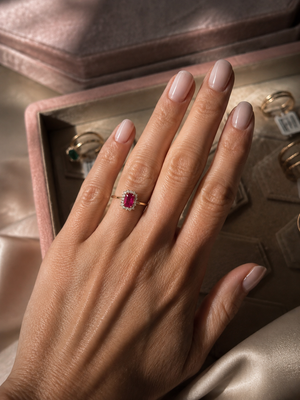 Ruby Coctail Ring, Emerald cut with Halo