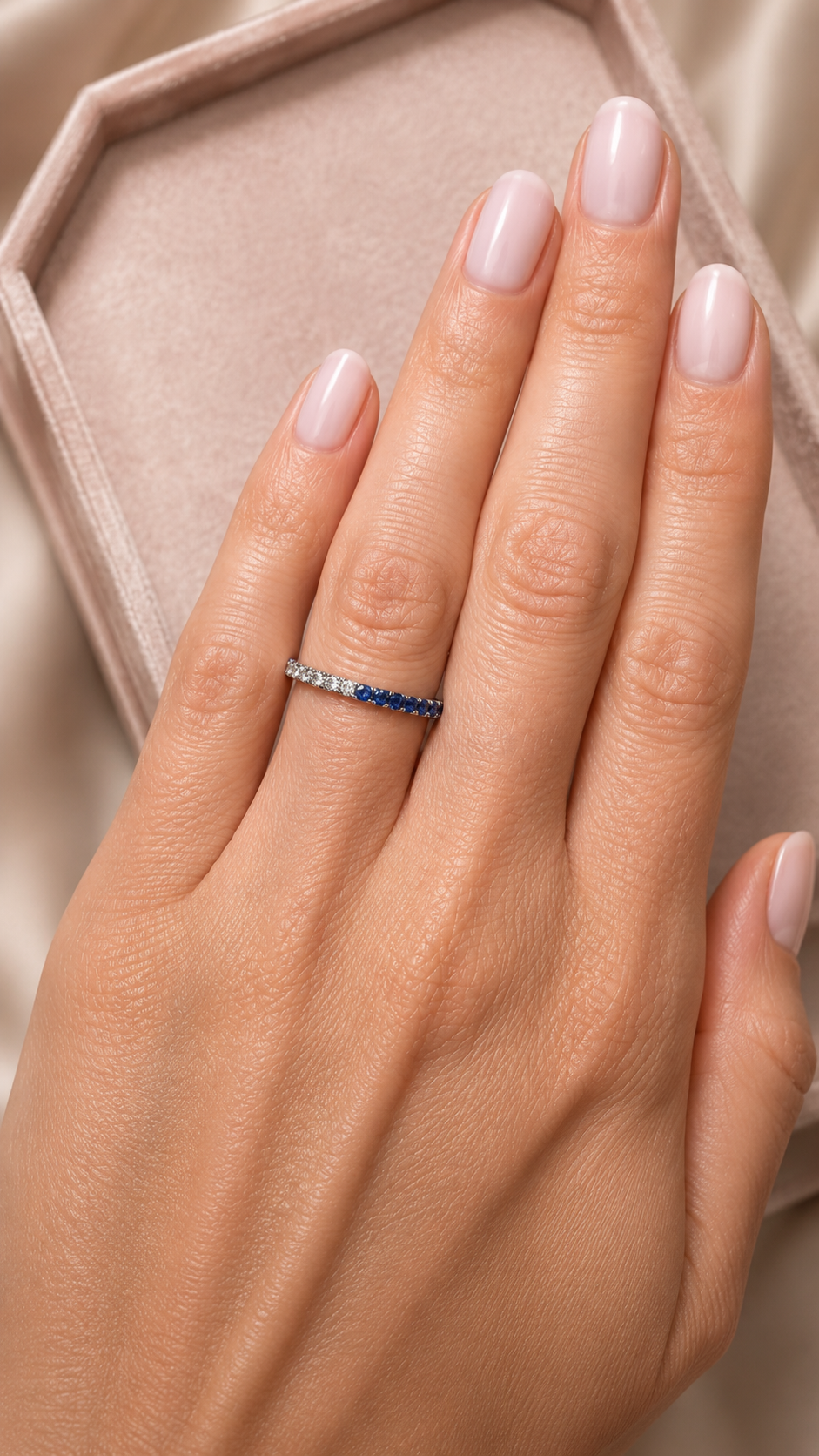Half Eternity Paved Diamond and Half Blue Sapphire Ring