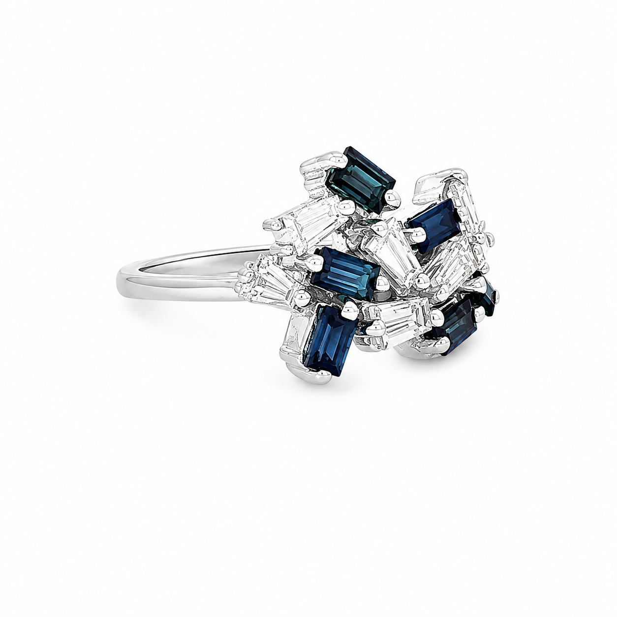 Baguette Diamond and Blue Sapphire Cluster Cocktail Ring