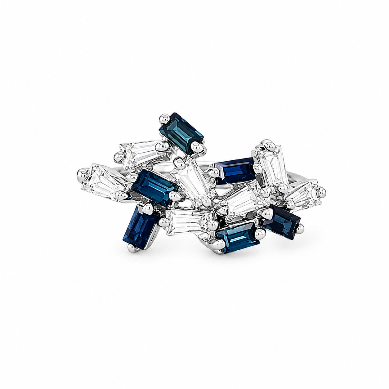 Baguette Diamond and Blue Sapphire Cluster Cocktail Ring