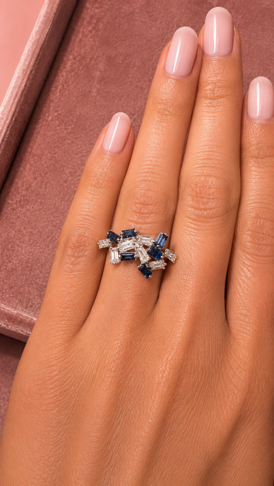 Baguette Diamond and Blue Sapphire Cluster Cocktail Ring
