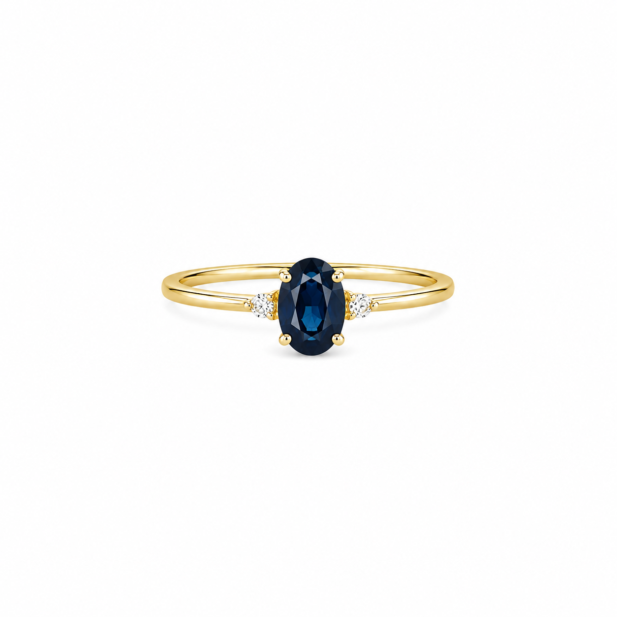 Mini Oval Blue Sapphire and 2 Diamonds Accent Ring