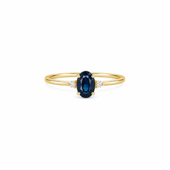 Mini Oval Blue Sapphire and 2 Diamonds Accent Ring