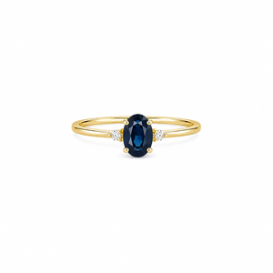 Mini Oval Blue Sapphire and 2 Diamonds Accent Ring