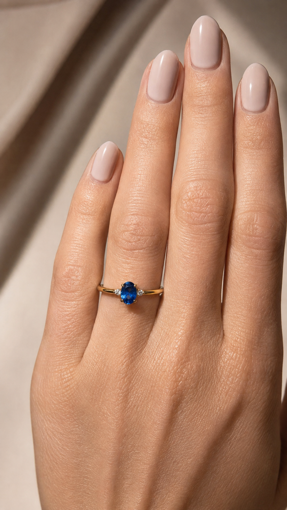 Mini Oval Blue Sapphire and 2 Diamonds Accent Ring