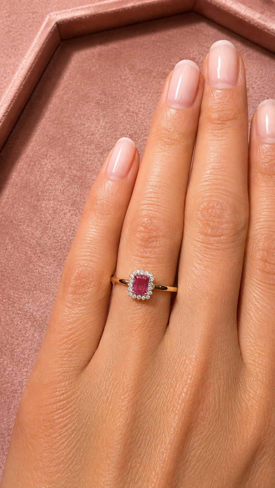 Princess Cut Pink Sapphire Ring with Halo Diamonds