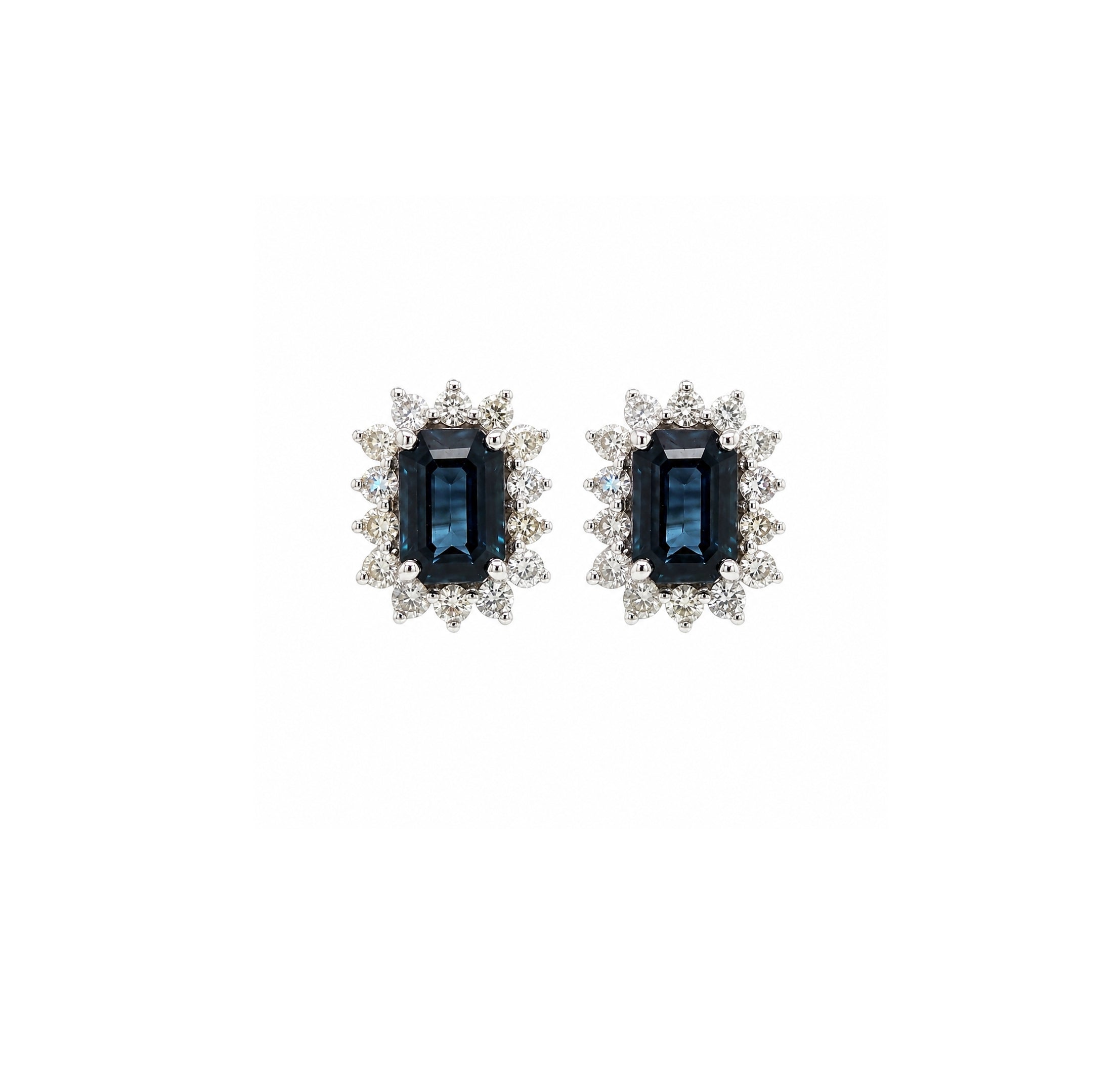 Emerald Cut Blue Saphire Studs with Halo Diamonds