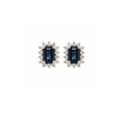 Emerald Cut Blue Saphire Studs with Halo Diamonds