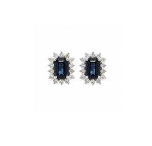 Emerald Cut Blue Saphire Studs with Halo Diamonds