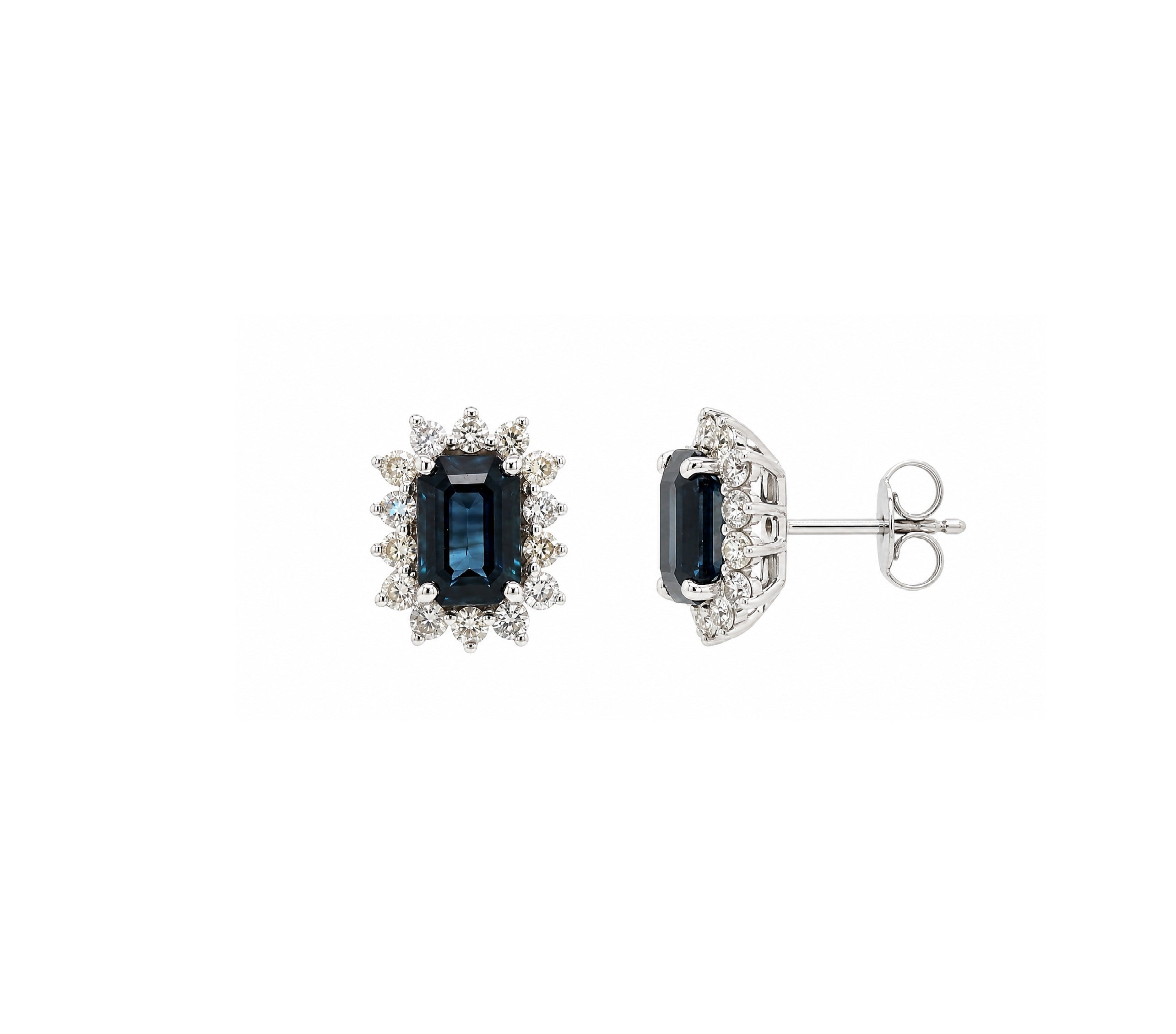 Emerald Cut Blue Saphire Studs with Halo Diamonds