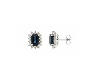 Emerald Cut Blue Saphire Studs with Halo Diamonds