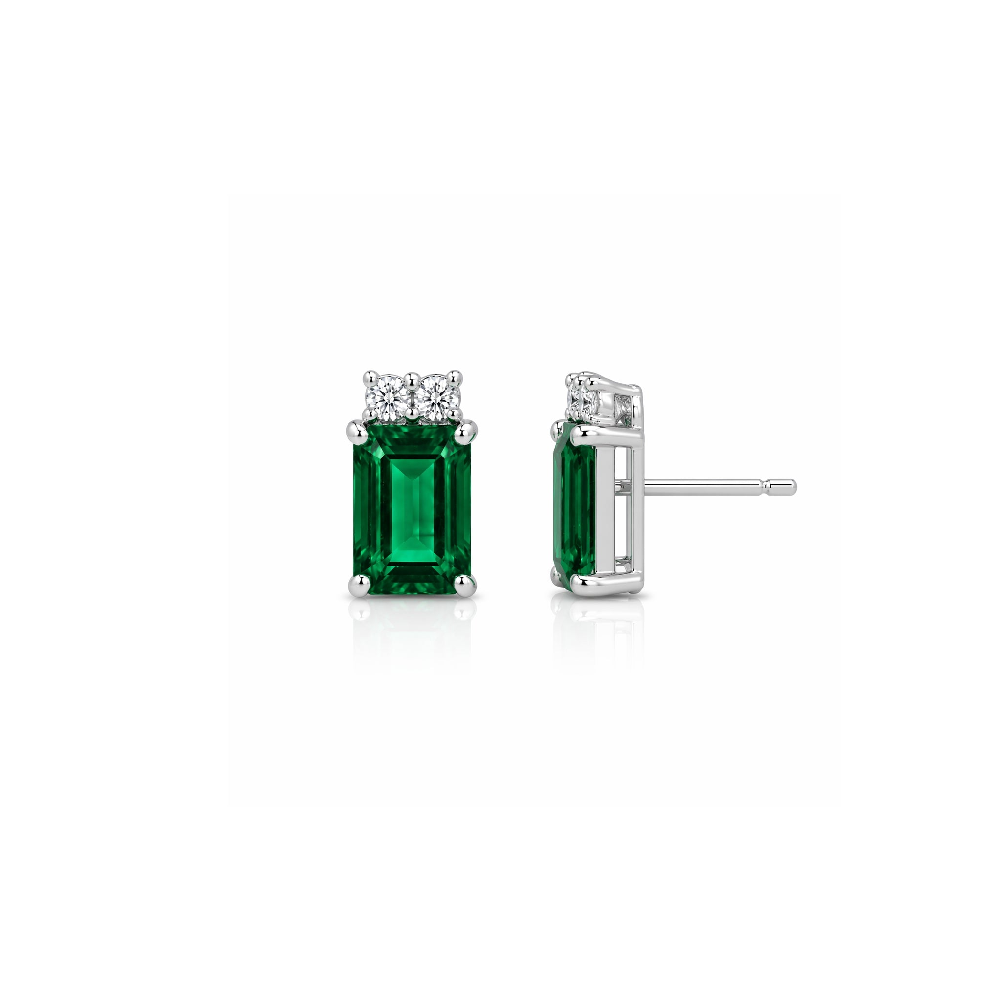 Emerald Cut Emerald Stud with 2 Mini Diamonds