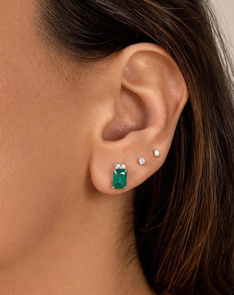 Emerald Cut Emerald Stud with 2 Mini Diamonds