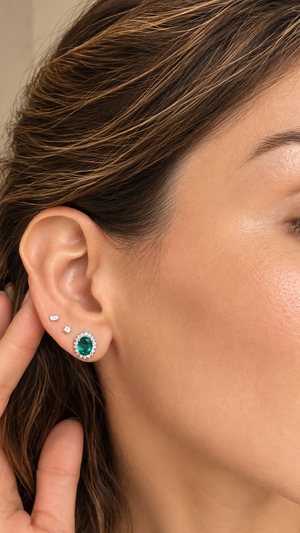 Oval Emerald Studs with Halo Diamonds