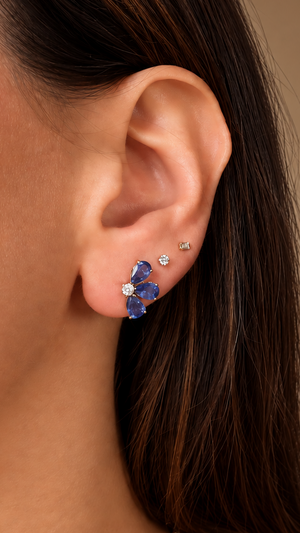 Blue Sapphire Half Floral Cluster Earrings
