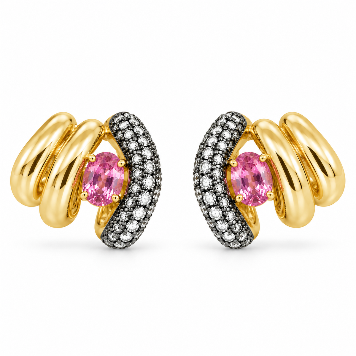 The Pink Sapphire and Pave Diamonds Cage Huggie Earrings