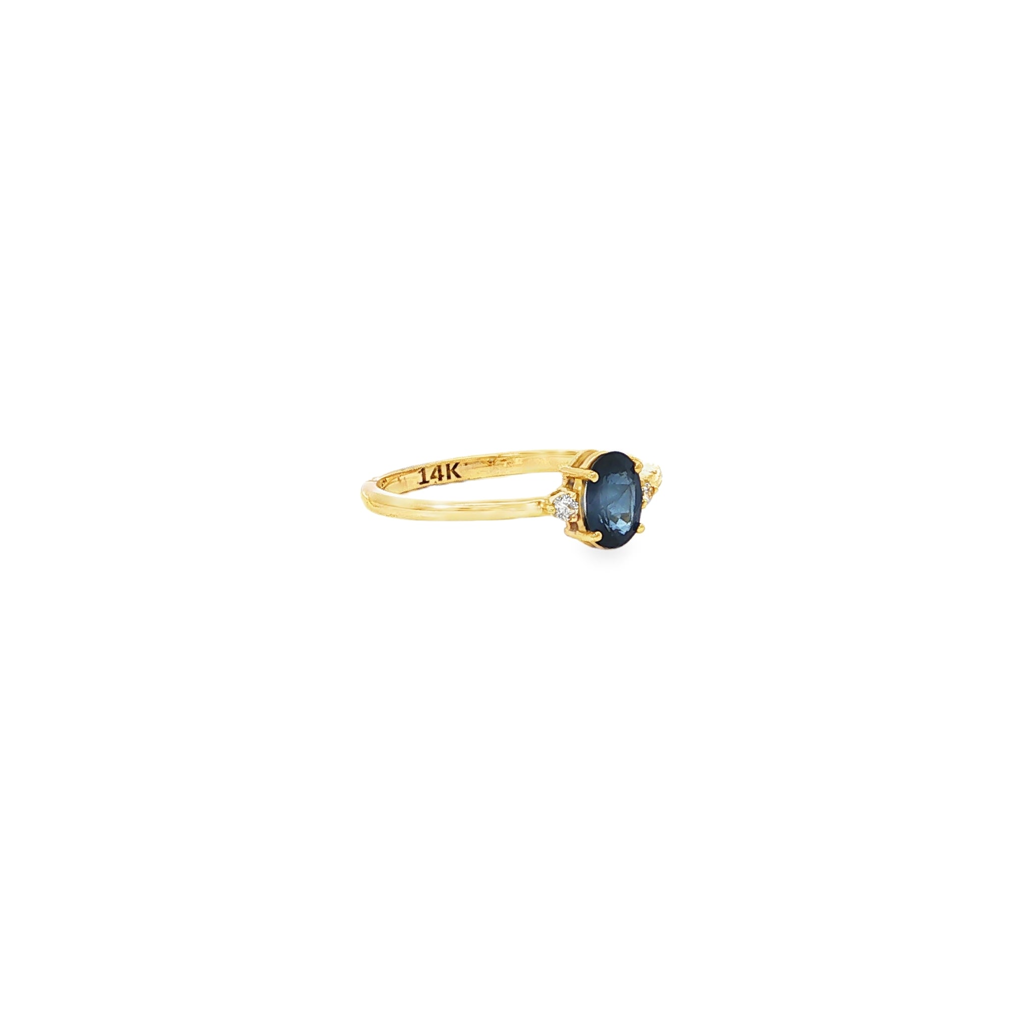 Mini Oval Blue Sapphire and 2 Diamonds Accent Ring