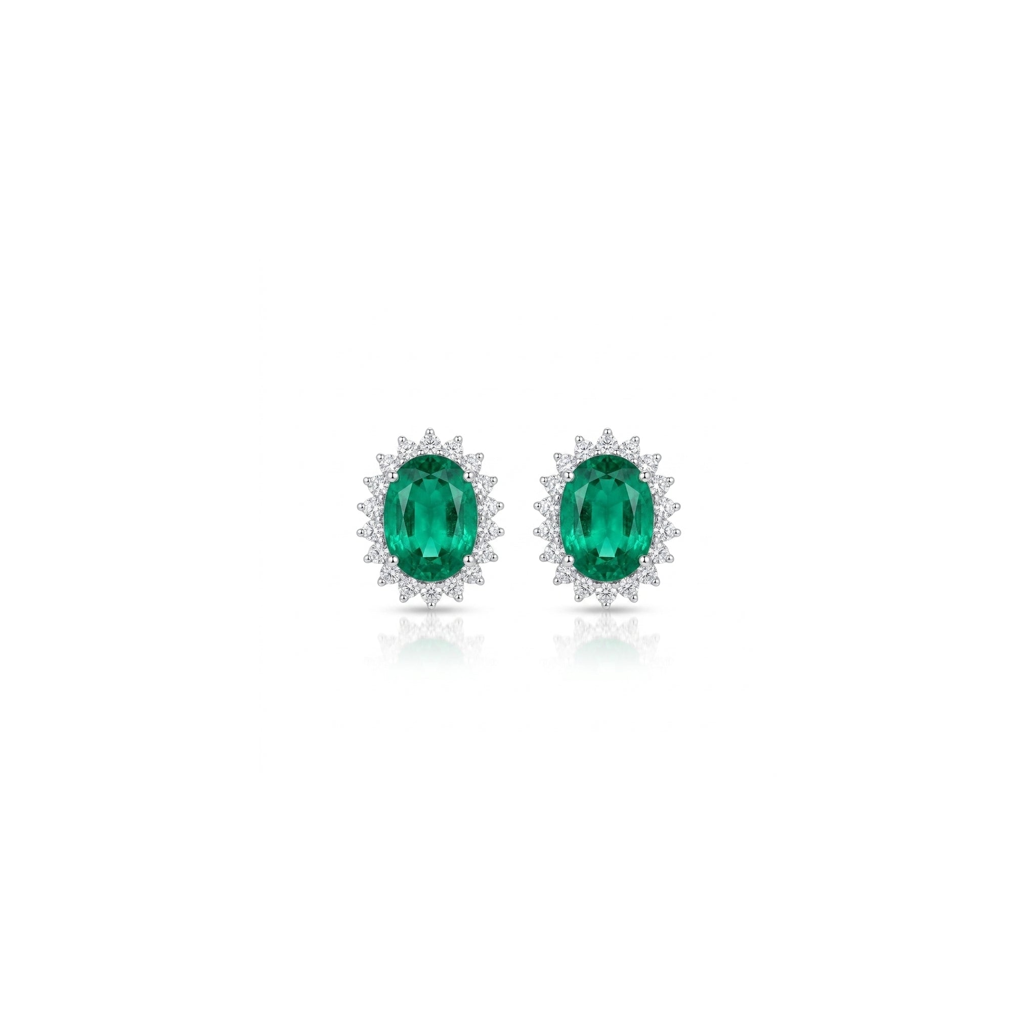 Oval Emerald Studs with Halo Diamonds