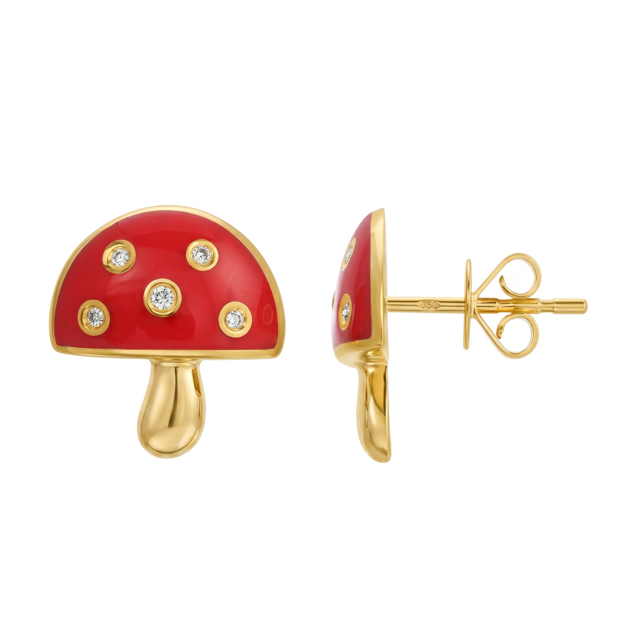 Red Enamel and Diamond Mushroom Stud Earrings