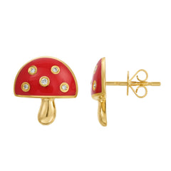 Red Enamel and Diamond Mushroom Stud Earrings