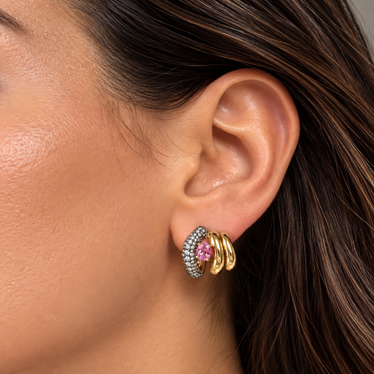 The Pink Sapphire and Pave Diamonds Cage Huggie Earrings