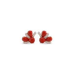 Three Coral Cabochon and Diamond Earring