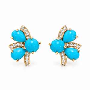 Three Turquoise Cabochon and Diamond Earring