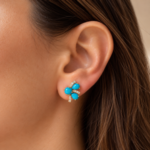 Three Turquoise Cabochon and Diamond Earring